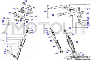 Tavola esplosi ricambi ammortizzatore sospensione pedale freno cavalletto Vespa PK XL